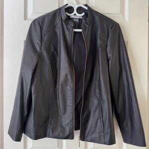 TanJay Black Faux Leather Jacket Women 14P M/L Lightweight Eyelet, Funnel Neck